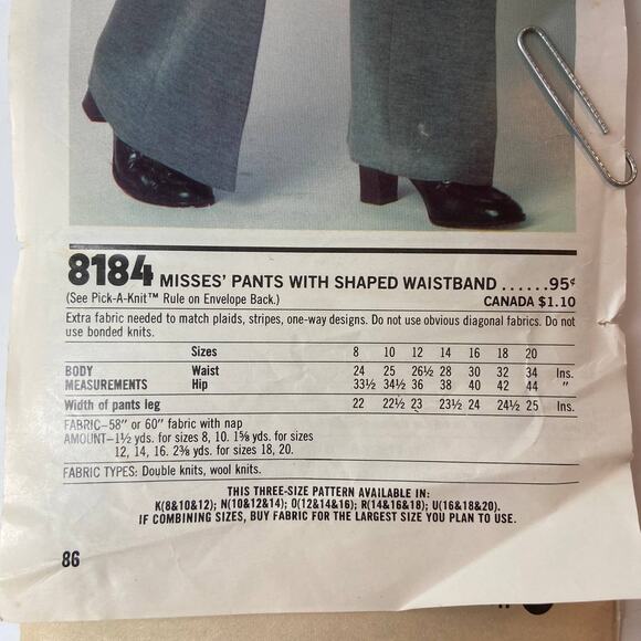 Simplicity 8184 Pattern Pant Miss 8-12 Uncut Extra Sure High Waist Knit Zipper - Picture 4 of 6